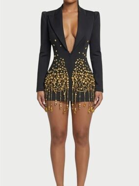 Black Mini Dress with Gold Embellished Fringe